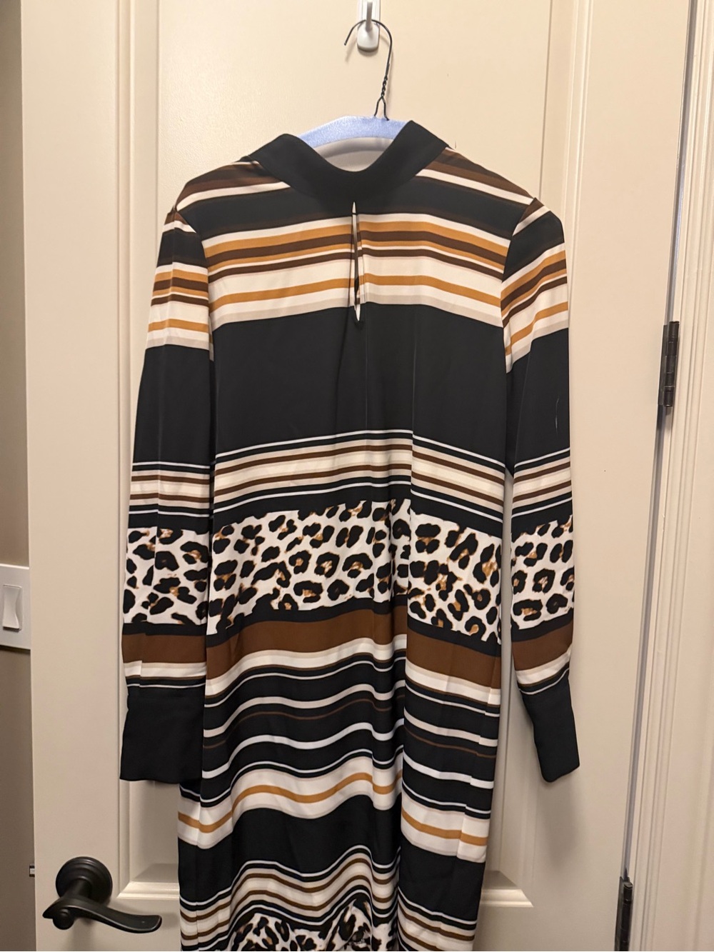 DKNYC Black Striped Long Sleeve Dress with Leopard Band